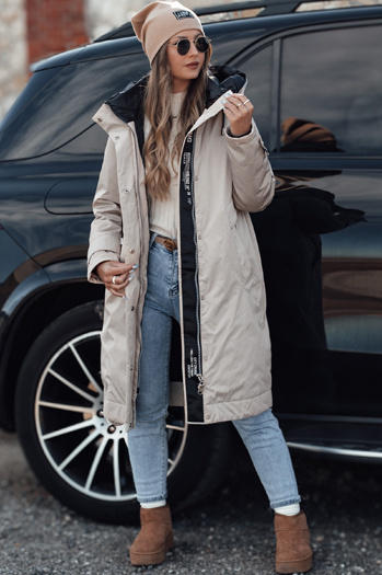Damen Winterjacke ELEGANTI lang mit Kapuze hellgrau Dstreet TY4657