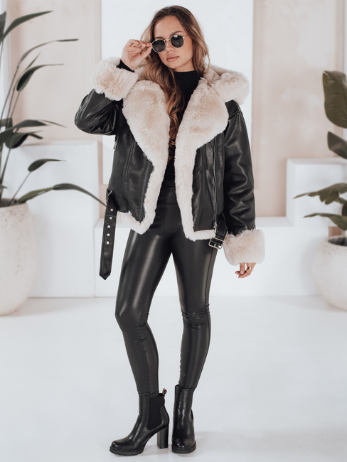 Damen Winterjacke Leder Ramsleder mit Fell schwarz Dstreet TY5118