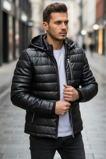 Herren gesteppte Winter Lederjacke schwarz Dstreet TX5116