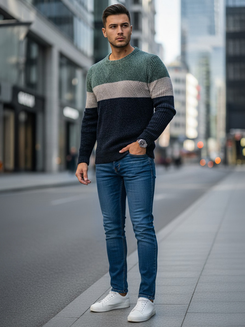 Herren Pullover mit Rundhalsausschnitt grün und navy blau Dstreet WX2319