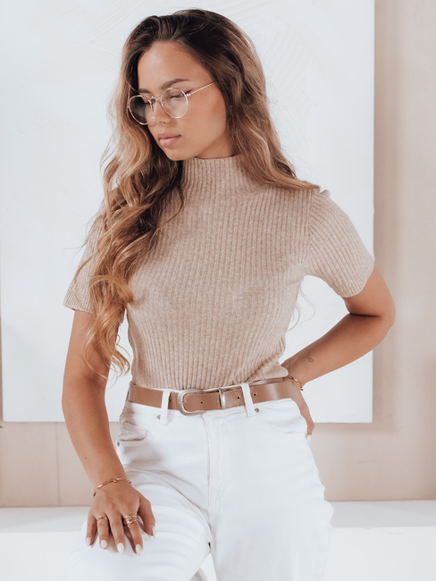 Kurzärmeliger gerippter Damenpullover GIRLGLORY beige Dstreet MY2553