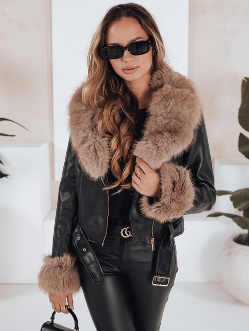 Damen Winter Lederjacke mit Kunstpelz schwarz Dstreet TY5213